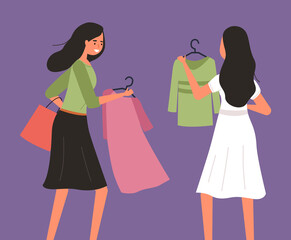 Girl with hanger is shopping. Buyer is selecting clothes in a store. Women choosing garments during a sale. Female characters with purchases spend time together. Woman showing dress to her friend