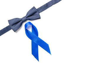 Prostate care. Awareness prostate cancer of men health in November. Blue ribbon, fashion bowtie...