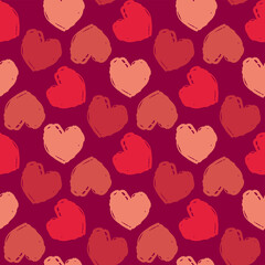 Fototapeta na wymiar Beautiful red and pink hearts isolated on dark background. Cute festive seamless pattern. Vector flat graphic hand drawn illustration. Texture.