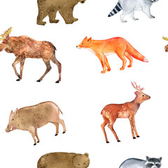 Seamless pattern - watercolor animals (fox, deer, moose, bear, racoon, boar).