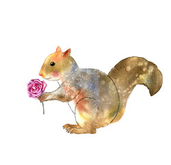 Cute squirrel with rose. Romantic watercolor illustration.