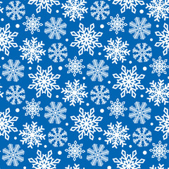 Beautiful different white snowflakes isolated on blue background. Cute festive snowy seamless pattern. Vector flat graphic illustration. Christmas texture.