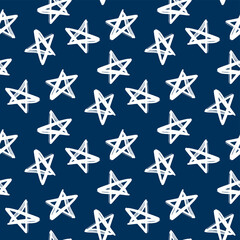 Beautiful white ink stars isolated on blue background. Cute starry seamless pattern. Vector flat graphic hand drawn illustration. Texture.