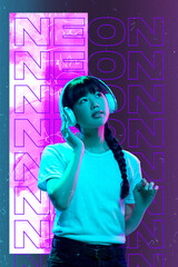 Listening to music. Beauty and fashion concept, trendy neoned poster with beautiful asian woman. Colorful neon light and gradient purple-pink background. Modern design. Contemporary art collage.