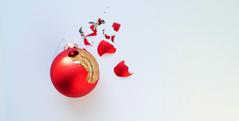 banner with copy space, broken Christmas toy on a white background.