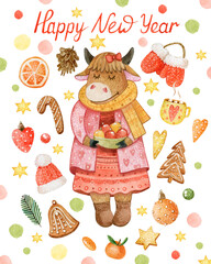 Watercolor illustration of a mother cow in a pink coat and red dress for the New Year. Illustration for New Year and Christmas cards
