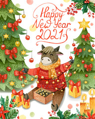 Cute watercolor card with a boy bull in a red Christmas sweater and a New Year's garland of lanterns in his hands. Hand drawn bull sitting by a Christmas tree with gifts. Illustration for postcards