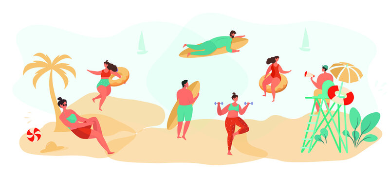 Beach Holiday and Activites at Sea, Surfing,Stand up Paddle and Sunbathe under Palm Tree,Lifeguard on the Tower on the Beach Along Coast.Sport and Yoga.Summer Holiday Relaxing.Flat Vector Illustration