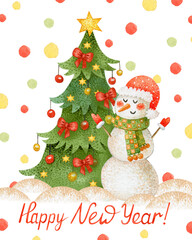 Watercolor New Year illustration of a white snowman near an elegant Christmas tree with red bows and gold stars. Illustration for New Year cards