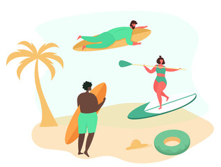 Obraz na płótnie Canvas Beach Holiday and Activites at Sea, Surfing,Stand up Paddle and Sunbathe under Palm Tree Along Coast.Characters with Swim Ring.Summer Holiday Relaxing.Flat Vector Illustration