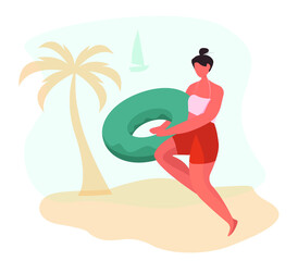 Girl Holding Swim Ring on the Beach. Happy Woman is Running Along the Coast with Swim Ring in Hands on Sea.On beach Background with Palm and Blue Sky.Wearing swimsuit.Flat Vector Illustration