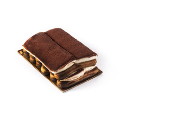 Traditional tiramisu cake isolated on white background	