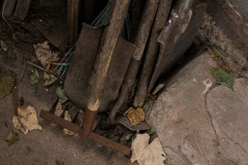 old rusty tools shovel raking in the village