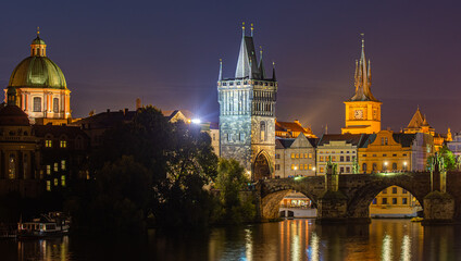 Fototapeta premium Scenic view of bridges on the Vltava river and historical center of Prague,buildings and landmarks of old town,Prague,Czech Rapublic