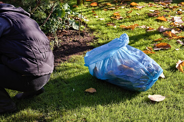 a woman cleans the dried leaves in the autumn garden