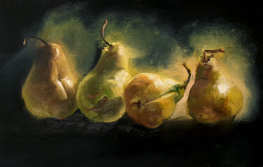 Yellow pears with smoke on black background, original artwork, oil painting on canvas