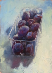 The plums in plastic box form food delivery. Original artwork, oil on canvas painting