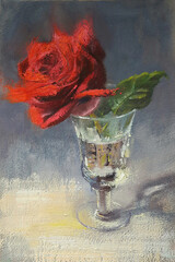 Red rose in a crystal glass, original artwork, oil on canvas painting