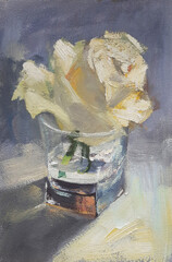 White rose in a glass, original artwork, oil on canvas painting