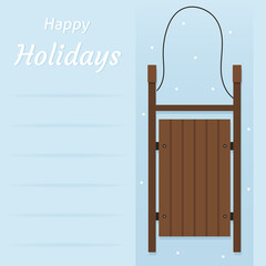 Happy Holidays postcard. Vector illustration of a wooden sled isolated on a blue background.