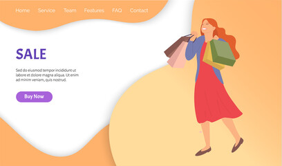 Big sale announcement. Only this week. Smiling woman with shopping bags in her hands. Young beautiful happy girl jumps and picks up multi-colored packages with clothes. Sale advertising in the store