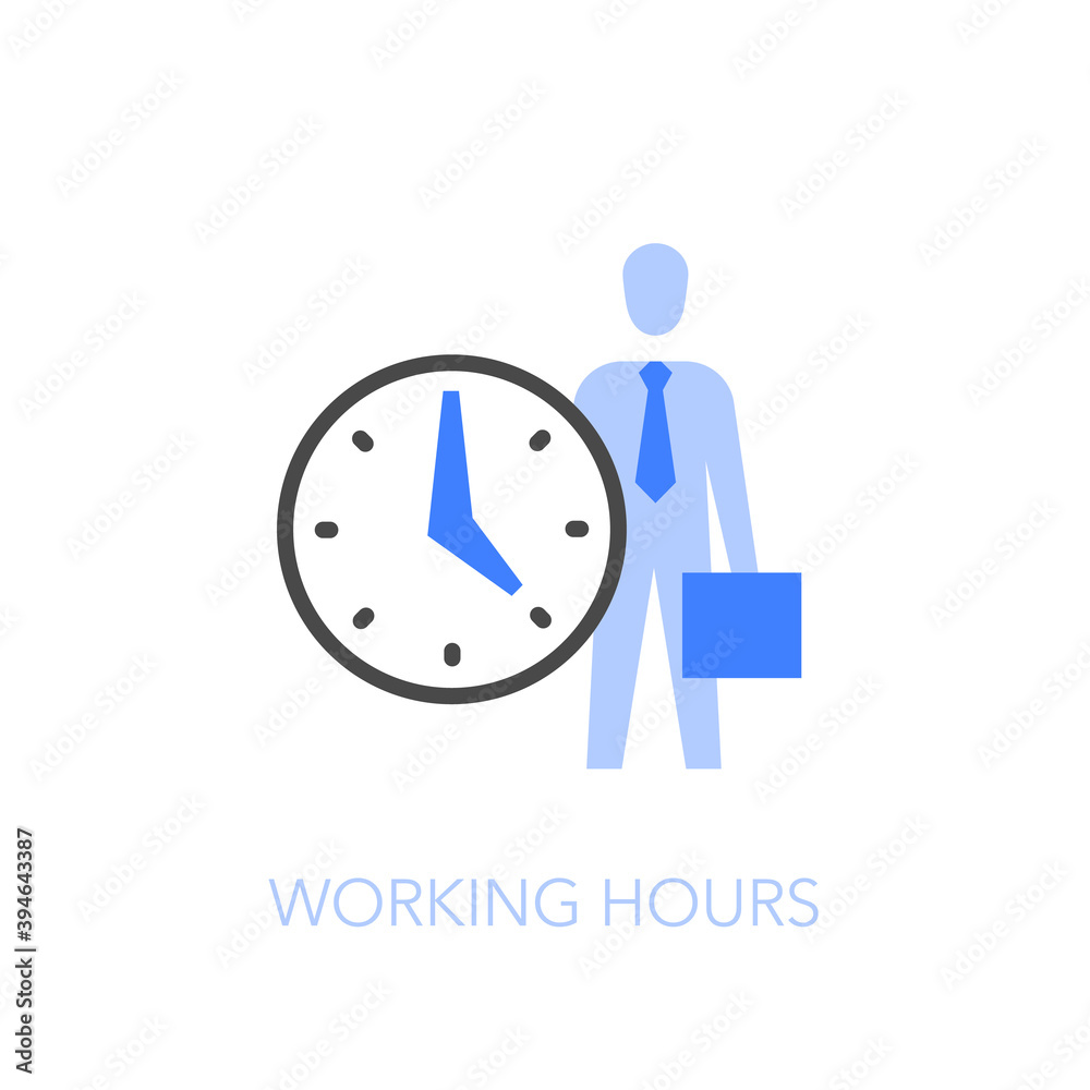 Poster Working hours symbol with an employee and a clock. Easy to use for your website or presentation.