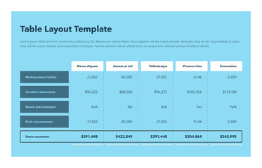 Modern business table layout template with the total sum row and place for your content - blue version. Flat design, easy to use for your website or presentation.