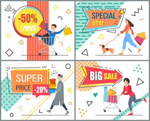 Set of illustrations on the theme of special offer and discounts. People with purchases in the store. Girls and boys going shopping. Advertising and marketing in the background. Super price and sales