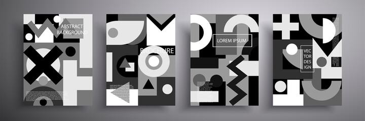 Trendy set of geometric covers. Vector graphics. Monochrome patterns. Suitable for brochures, posters, covers and banners.
