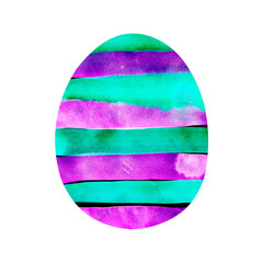 Isolated watercolor illustration of blue striped egg. Hand drawn element for Easter Day greeting card template. Great background for wrapping paper, design print, party invitation, banner, poster.