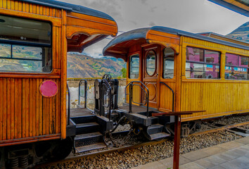 Ecuador, in the village of Alausi. Train cars of the famous old wooden train.