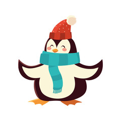 cute penguin with scarf and hat character cartoon christmas on white background