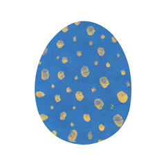 Isolated watercolor illustration of blue egg with gold daubs. Hand drawn element for Easter Day greeting card template. Good background for wrapping paper, shirt design print, party invitation, poster