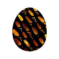 Isolated watercolor illustration of black egg with gold brushstrokes. Hand drawn element for Easter Day greeting card template. Great background for wrapping paper, design print, party invitation.