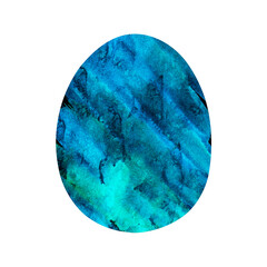 Watercolor illustration of blue egg with beautiful stains. Drawn element to Easter Day greeting card template. Great background for wrapping paper, shirt design print, party invitation, poster.