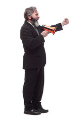 bearded business man with a megaphone pointing at a white screen