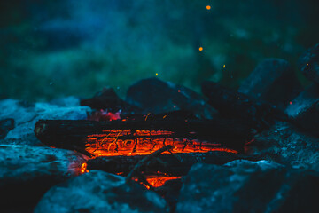 Vivid smoldered firewoods burned in fire close-up. Atmospheric warm background with orange flame of campfire and blue smoke. Wonderful full frame image of bonfire. Burning logs in beautiful fire.