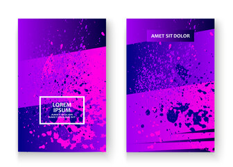 Artistic cover design with paint splatter set vector illustration. Neon blurred purple pink gradient. Abstract retro style texture geometric pattern minimalist trend background.Modern artwork template