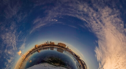 Little planet panorama of Moscow, Russia cityscape, Berezhkovskaya embankment, sunset blue sky with...