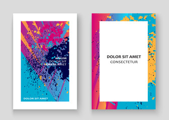 Artistic cover frame design paint splatter set vector illustration. Neon blurred pink blue color gradient. Abstract texture geometric pattern trend background. Futuristic artwork template banner card