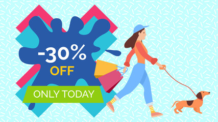 Promotion of sales and discounts in the shop. Woman shopping on black friday. Female character is walking with the dog. Young beautiful fashion shopper girl with the advertisement on background