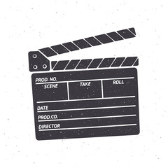 Silhouette of open clapperboard. Vector illustration. Symbol of the movie industry, used in cinema when shooting a film. Pattern for signboards, showcases, posters. Isolated white background