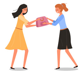 The girls in the store are fighting over the bag. Woman in a store with clothes is sharing a purchase. Angry female characters are standing with a pouch in their hands. Buyers during the sale