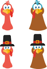 Turkey Face Cartoon Character Flat Design. Vector Collection Isolated On White Background