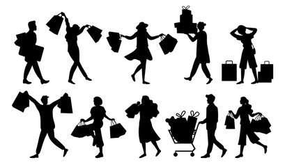Silhouettes of customers while shopping. Group of shoppers with purchases in their hand. Men and women are buying gifts. Girls are choosing clothes. People with presents preparing for the holiday