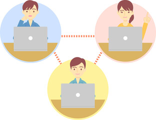 リモートワーク、リモート会議のイラスト／Illustration of remote work and remote conference