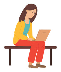 Brunette young beautiful girl in trousers and jacket sits on brown bench and uses laptop. Surf the Internet, work, study, communicate. Woman using a laptop. Flat vector illustration isolated on white