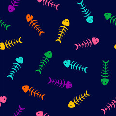 Seamless pattern of fishes skeletons, isolated. Flat style design of contours,  for cards, invitations, wrapping paper, backgrounds, prints. Concept for Day of the dead or Dia de los Muertos in Mexico