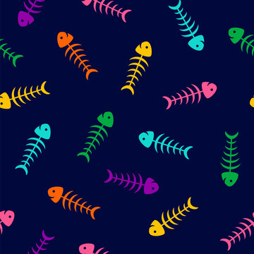 Seamless pattern of fishes skeletons, isolated. Flat style design of contours,  for cards, invitations, wrapping paper, backgrounds, prints. Concept for Day of the dead or Dia de los Muertos in Mexico
