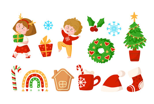 Christmas New Year kids clipart - cartoon boy and girl, Christmas wreath and Tree, rainbow, gingerbread house, gift box, holly, candy cane, santa hat, stoking, hot drink mug - vector isolated images